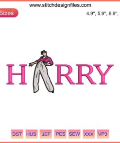Embroidery pattern featuring Harry Styles' silhouette, trendy musical theme, digital stitching, vibrant colors, stylish design.