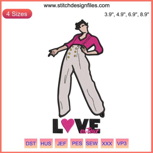 Harry Styles Love On Tour 2023 Embroidery Design: Vibrant digital stitching featuring music-themed motifs for unique crafts.