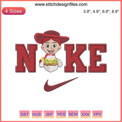 Jessie Toy Story x Nike Embroidery Design featuring Woody & Jessie as a couple in vibrant digital stitching.
