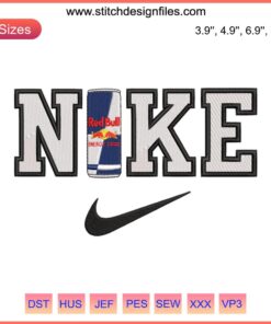 Nike Red Bull Embroidery Design: Bold Red Bull Logo with Nike Swoosh, Digital Stitching Art, Vibrant Red and Blue Thread Details