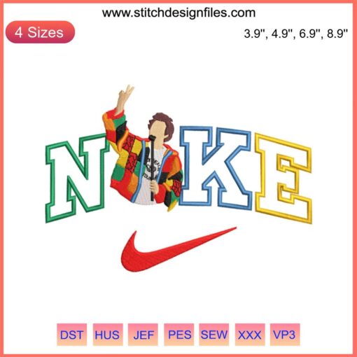 Harry Styles Iconic Colorblock Embroidery Design with Nike Digital Stitching, vibrant color blocks, detailed stitching.