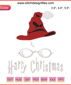 Harry Potter Christmas Embroidery Design featuring festive wizard hat, glasses, and lightning bolt; perfect for digital stitching.