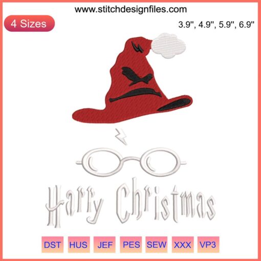 Harry Potter Christmas Embroidery Design featuring festive wizard hat, glasses, and lightning bolt; perfect for digital stitching.