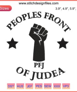 Peoples Front Of Judea Embroidery Design, PFJ satire text, digital stitching, humorous needlework, Monty Python-inspired pattern