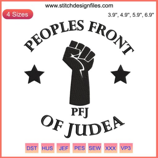 Peoples Front Of Judea Embroidery Design, PFJ satire text, digital stitching, humorous needlework, Monty Python-inspired pattern