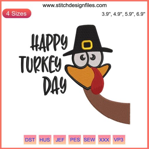 Turkey with "Happy Turkey Day" Text Embroidery | Festive Thanksgiving Stitching Design | Digital Art Embroidery Pattern