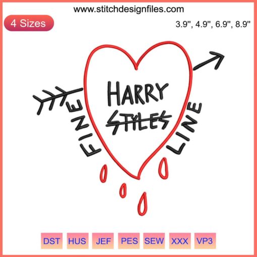 "Harry Styles Fine Line Embroidery: Heart with Arrows Digital Stitching Design, Intricate and Trendy Pattern."