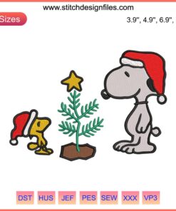 Snoopy Woodstock Peanuts Christmas Embroidery Design, cartoon digital stitching, festive holiday decor, cute Santa hat, winter embroidery