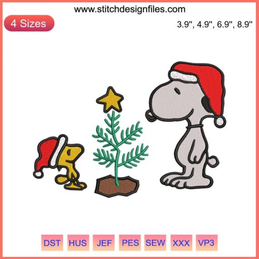 Snoopy Woodstock Peanuts Christmas Embroidery Design, cartoon digital stitching, festive holiday decor, cute Santa hat, winter embroidery