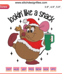 Charming Christmas Gus Gus Embroidery Design - Mouse with Santa Hat and Cheese, Festive Snack, Digital Stitching Pattern