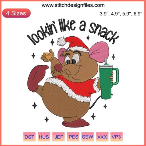 Charming Christmas Gus Gus Embroidery Design - Mouse with Santa Hat and Cheese, Festive Snack, Digital Stitching Pattern