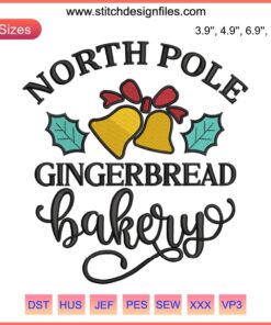 Festive North Pole Gingerbread Xmas Embroidery Design featuring Christmas Bakery Digital Stitching, perfect for holiday crafts.