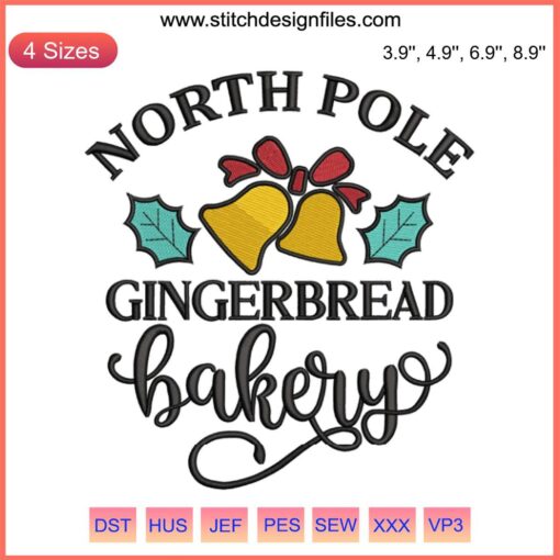 Festive North Pole Gingerbread Xmas Embroidery Design featuring Christmas Bakery Digital Stitching, perfect for holiday crafts.