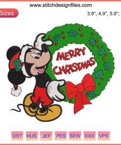 Mickey Merry Christmas Laurel Wreath Embroidery Design featuring Disney's Mickey Mouse in holiday-themed digital stitching format.