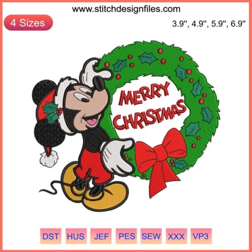 Mickey Merry Christmas Laurel Wreath Embroidery Design featuring Disney's Mickey Mouse in holiday-themed digital stitching format.