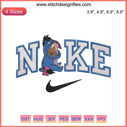Cute Eeyore Teddy Bear x Nike Embroidery Design | Stitching of Eeyore holding Nike logo, perfect for Disney embroidery projects.