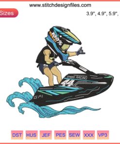 Jet Ski Racing Embroidery Design featuring dynamic speed racing elements, perfect for high-octane digital stitching projects.