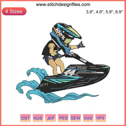 Jet Ski Racing Embroidery Design featuring dynamic speed racing elements, perfect for high-octane digital stitching projects.