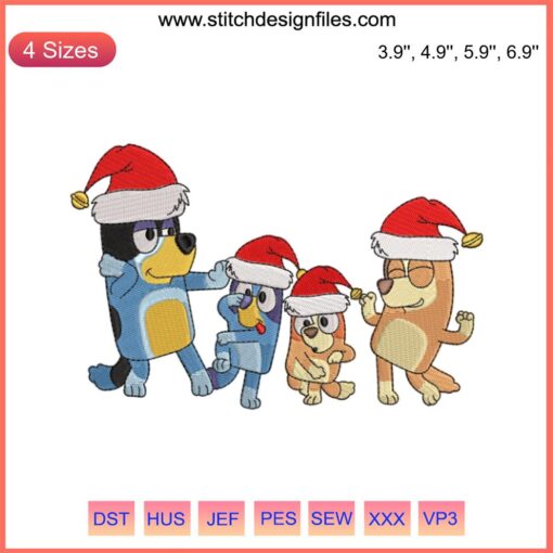 Bluey Family Dancing Christmas Embroidery Design: Festive digital stitching with "Merry Christmas" theme, perfect for holiday crafting.