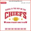 Karma Is The Guy On The Chiefs Football Embroidery Design featuring vibrant stitching of a football player, trending digital art