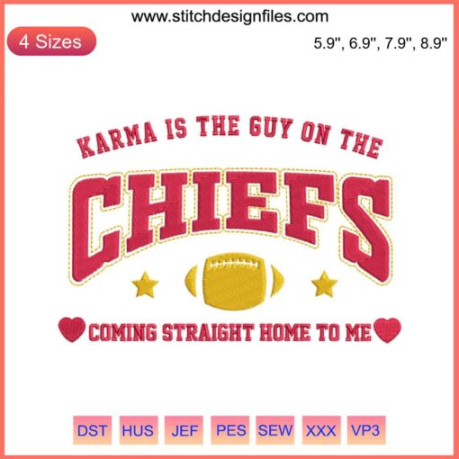 Karma Is The Guy On The Chiefs Football Embroidery Design featuring vibrant stitching of a football player, trending digital art