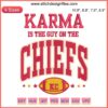 "Karma Is The Guy On The Chiefs" embroidery design featuring Kansas City Chiefs and Travis Kelce, perfect for digital stitching projects.