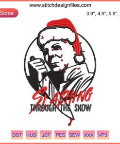 Michael Myers Christmas embroidery design with knife, winter snowflakes; digital stitching pattern for festive horror theme projects.