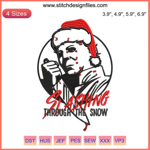 Michael Myers Christmas embroidery design with knife, winter snowflakes; digital stitching pattern for festive horror theme projects.