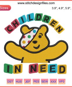 Children in Need 2023 Embroidery Design featuring Pudsey Bear in colorful spotty pattern, perfect for BBC Spotty Day stitching projects.
