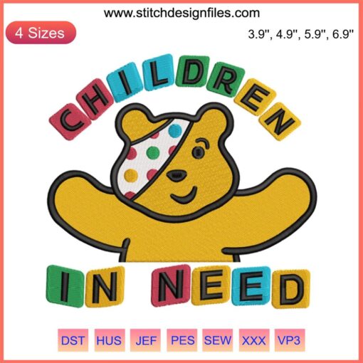 Children in Need 2023 Embroidery Design featuring Pudsey Bear in colorful spotty pattern, perfect for BBC Spotty Day stitching projects.