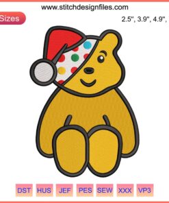 Pudsey Bear Christmas Embroidery Design: Festive Children in Need digital stitching pattern, perfect for holiday crafts.