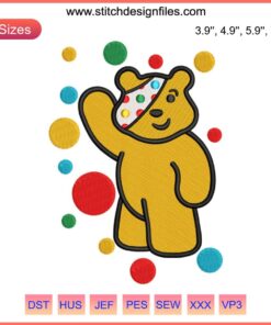 Pudsey Bear embroidery design with colorful spots, Children In Need theme, perfect for Spotty Day digital stitching projects.