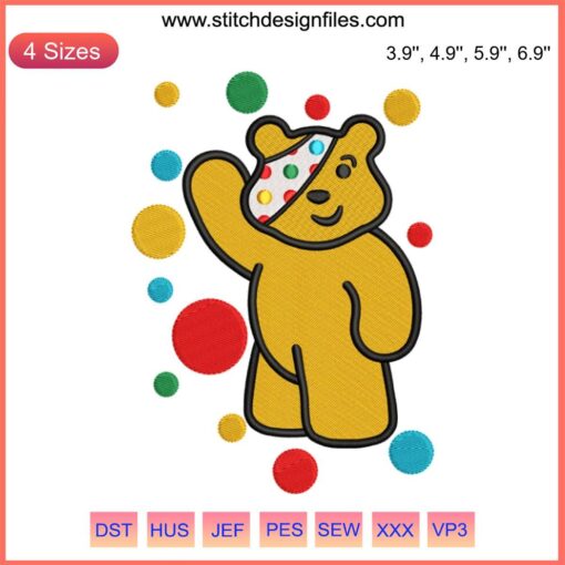 Pudsey Bear embroidery design with colorful spots, Children In Need theme, perfect for Spotty Day digital stitching projects.
