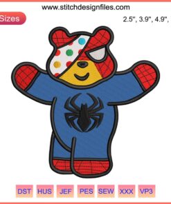 Pudsey Bear dressed as Spiderman embroidery design for Children In Need digital stitching, perfect for unique kids' crafts.