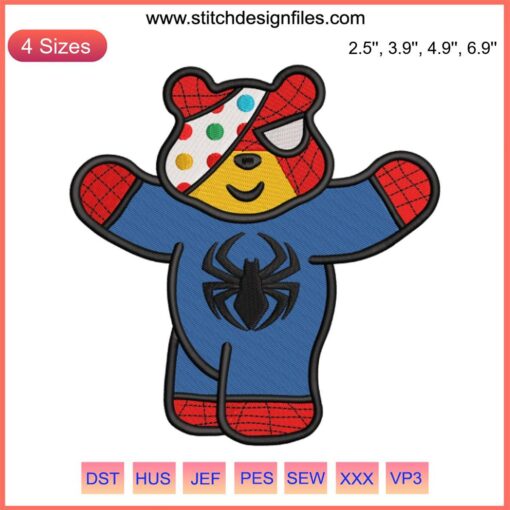Pudsey Bear dressed as Spiderman embroidery design for Children In Need digital stitching, perfect for unique kids' crafts.