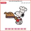Thanksgiving Snoopy Embroidery Design: Snoopy dressed as a pilgrim with Thanksgiving turkey, Peanuts stitch art.