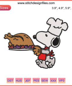 Thanksgiving Snoopy Embroidery Design: Snoopy dressed as a pilgrim with Thanksgiving turkey, Peanuts stitch art.