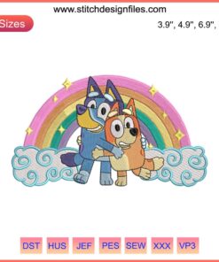 Cute Disney Bluey Bingo rainbow embroidery design featuring Bluey character in digital stitching format.