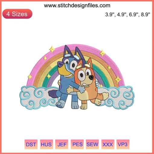 Cute Disney Bluey Bingo rainbow embroidery design featuring Bluey character in digital stitching format.