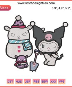 Kuromi and snowman festive embroidery design, Sanrio Christmas digital stitching, cute holiday motif, kawaii embroidery pattern.
