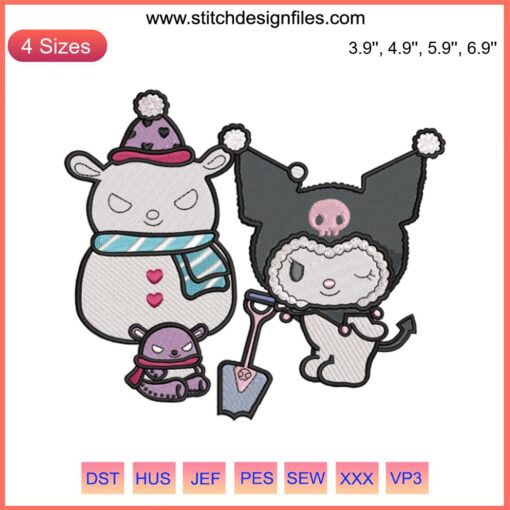 Kuromi and snowman festive embroidery design, Sanrio Christmas digital stitching, cute holiday motif, kawaii embroidery pattern.