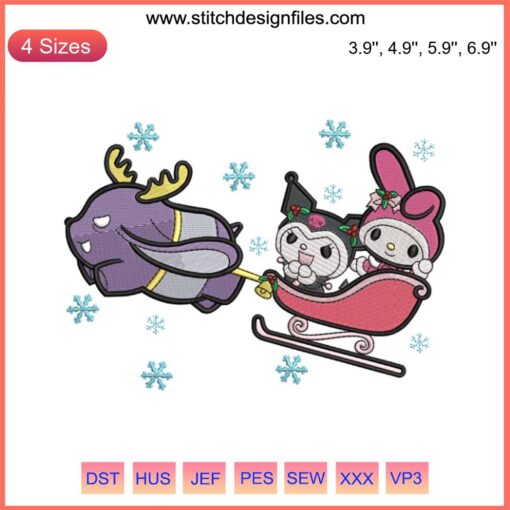 Kuromi Baku My Melody Christmas Embroidery | Sanrio Characters Festive Digital Stitching | Funny Holiday Design