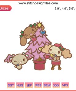 Cinnamoroll Christmas Embroidery Design: Sanrio character with festive hat, candy canes, snowflakes. Merry Christmas stitching.