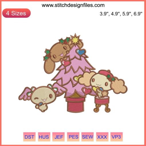 Cinnamoroll Christmas Embroidery Design: Sanrio character with festive hat, candy canes, snowflakes. Merry Christmas stitching.