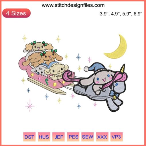 Christmas Unicorn Ride Cinnamoroll & Friends Embroidery Design, Sanrio Digital Stitching, Festive Cute Christmas Pattern