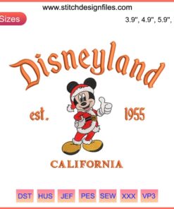 Mickey Mouse Christmas Embroidery Design, Disneyland California, Est. 1955, Festive Digital Stitching Pattern.