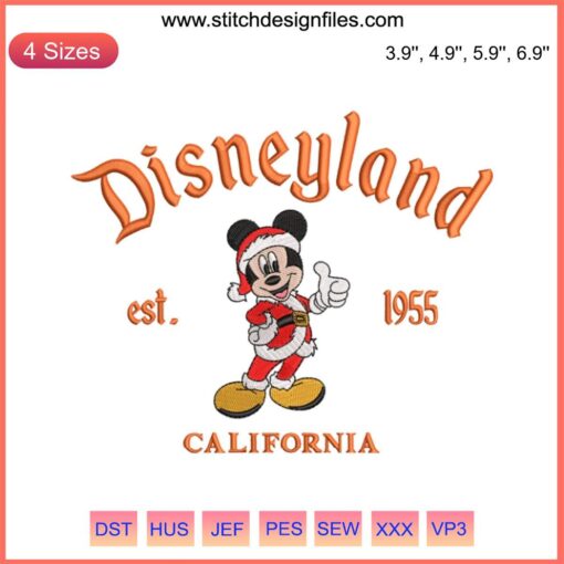 Mickey Mouse Christmas Embroidery Design, Disneyland California, Est. 1955, Festive Digital Stitching Pattern.