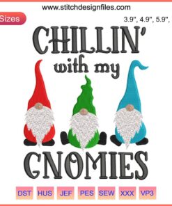 Christmas gnomes embroidery design, festive digital stitching, Chillin' With My Gnomies, holiday decor embroidery pattern.