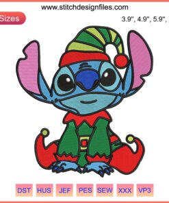 Colorful Christmas Stitch Elf Embroidery Design featuring a whimsical Disney-inspired elf in festive holiday attire.