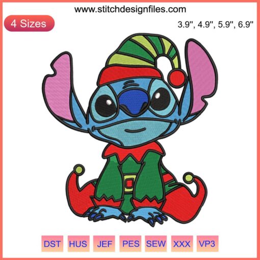 Colorful Christmas Stitch Elf Embroidery Design featuring a whimsical Disney-inspired elf in festive holiday attire.